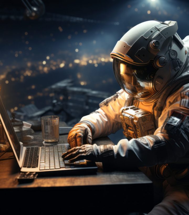 3ds max the astronaut is working on computer, in the style of group material, massurrealism, yankeecore, creative commons attribution, matte painting, white and silver, group zero, --ar 3:2 --stylize 500 --v 5.2